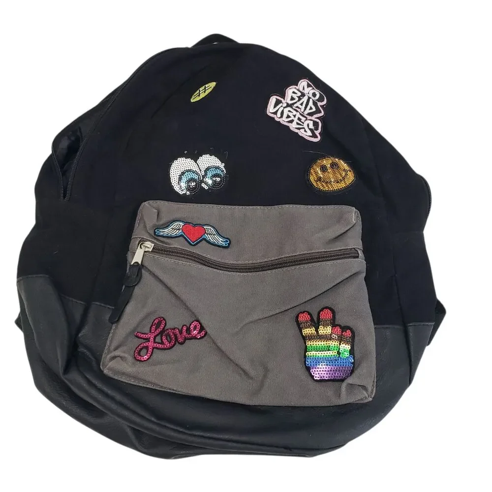 Black and Grey Fun Backpack with Decor, Approx. 17 x 12 x 6